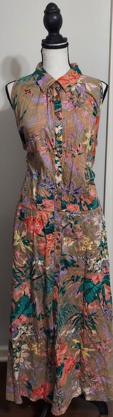 VTG 90s Together! Floral Midi Dress Sleeveless Rayon Cotton Button Front Size 16